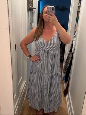 Blue and White Striped Maxi Dress - Sleeveless V-Neck